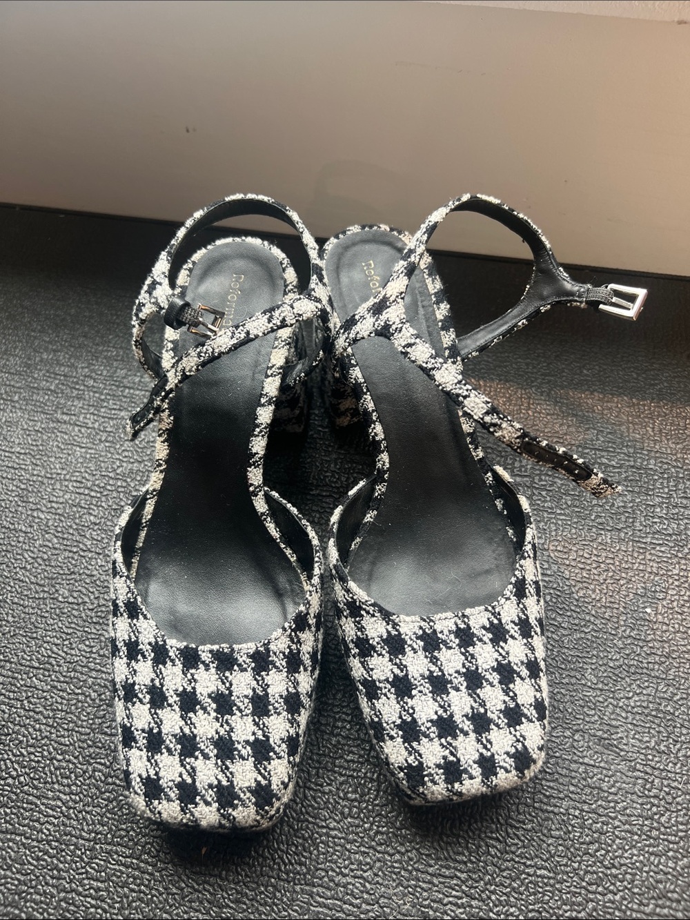 Reformation Black & White Houndstooth Strappy Block Heel Sandals